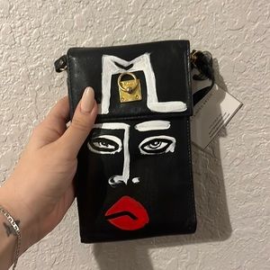 Black wallet with shoulder strap custom hand painted 1/1